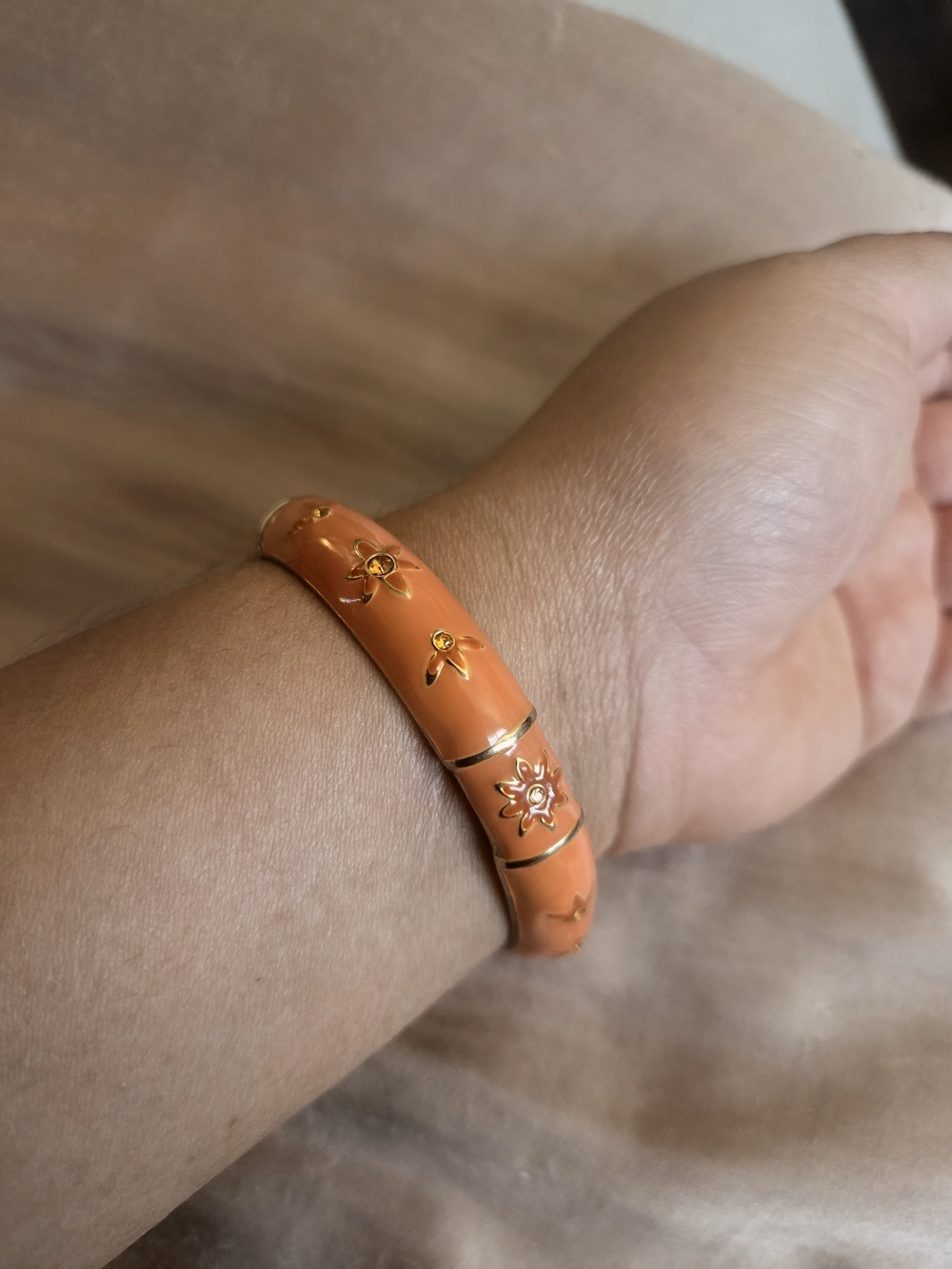 Vintage Orange Floral Enamel Clamper Bangle Bracelet